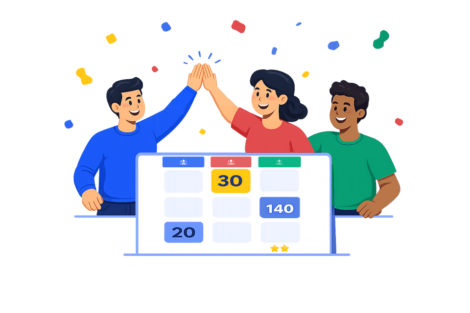 Three players celebrating around a KOMU score grid
